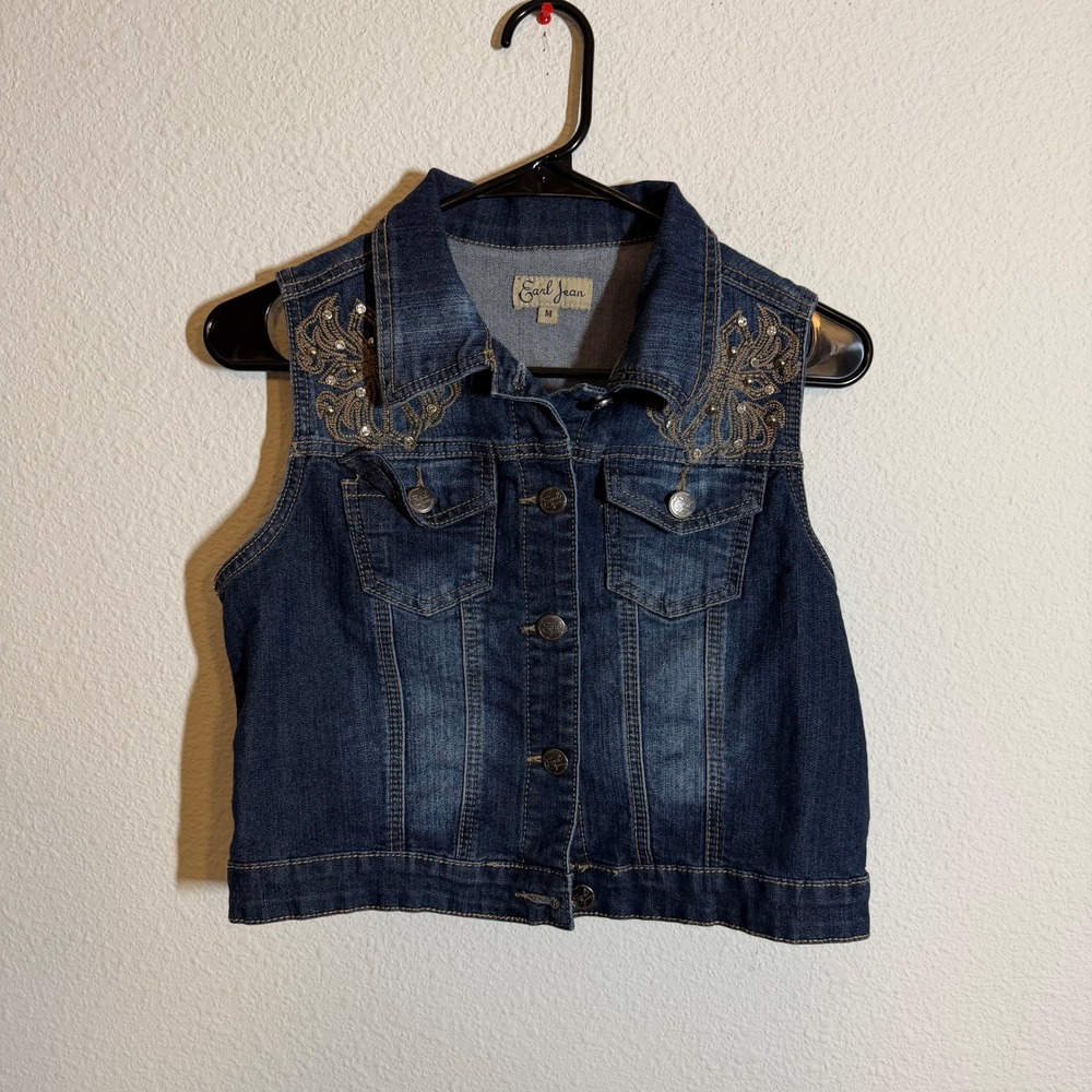 Earl Jean Womens Denim Vest Dark Wash Embroidered Rhinestone Cropped Blue Size M